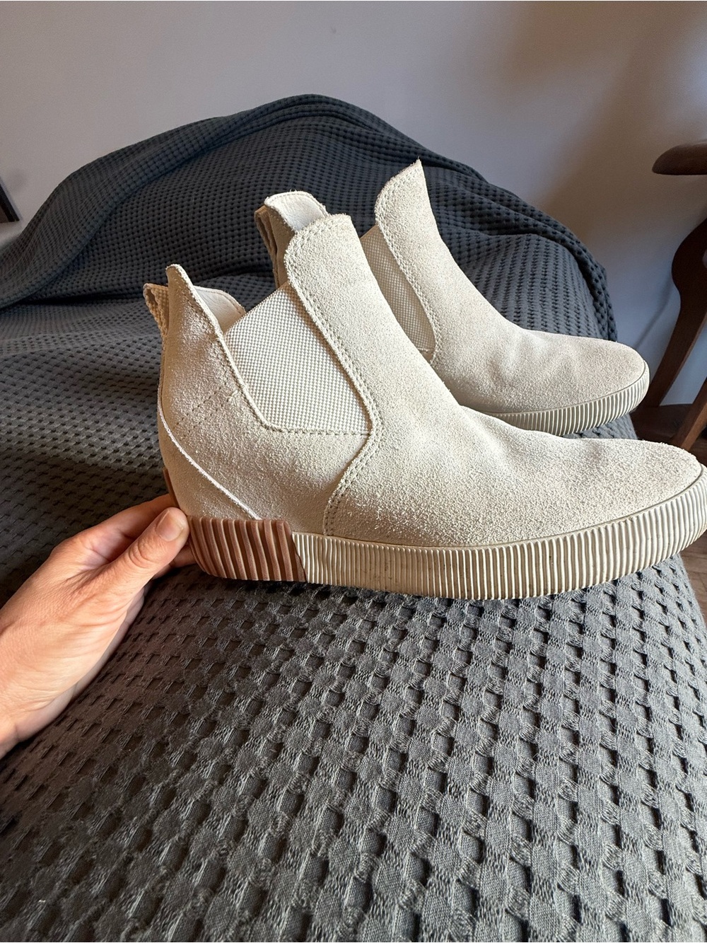 Sorel Suede Chelsea Wedge Booties in Cream